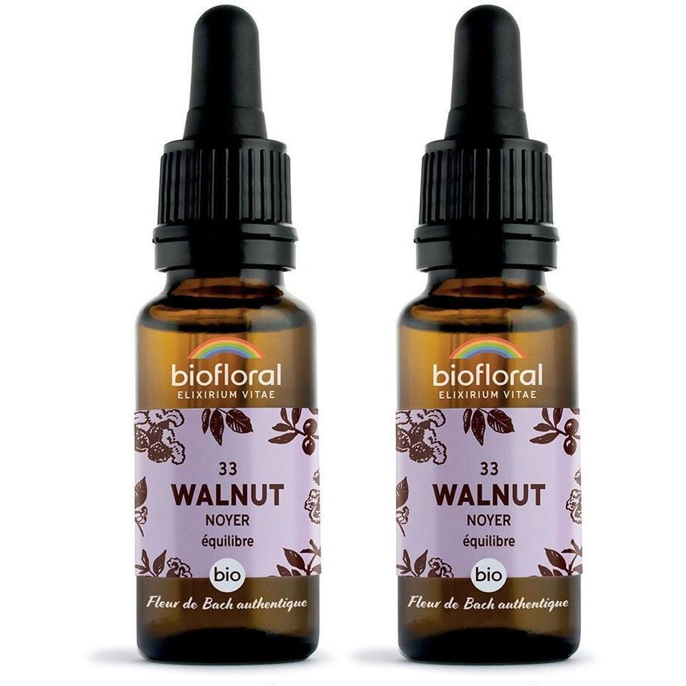 Deux flacons en verre avec compte-gouttes, contenant le produit BIOFLORAL 33 Noyer.