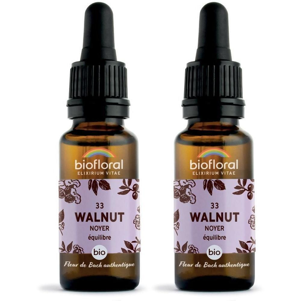 Twee glazen flesjes met druppelaar, gevuld met BIOFLORAL 33 Walnoot druppels.