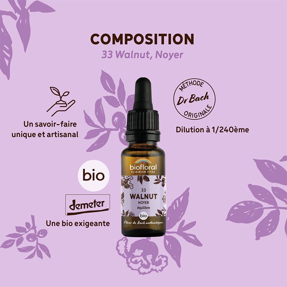 Gouttes BIOFLORAL 33 Noyer : flacon avec pipette, avec textes sur la composition et labels.
