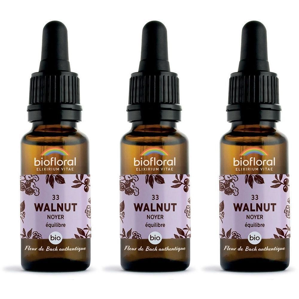 Trois flacons en verre avec compte-gouttes, contenant BIOFLORAL 33 WALNUT.
