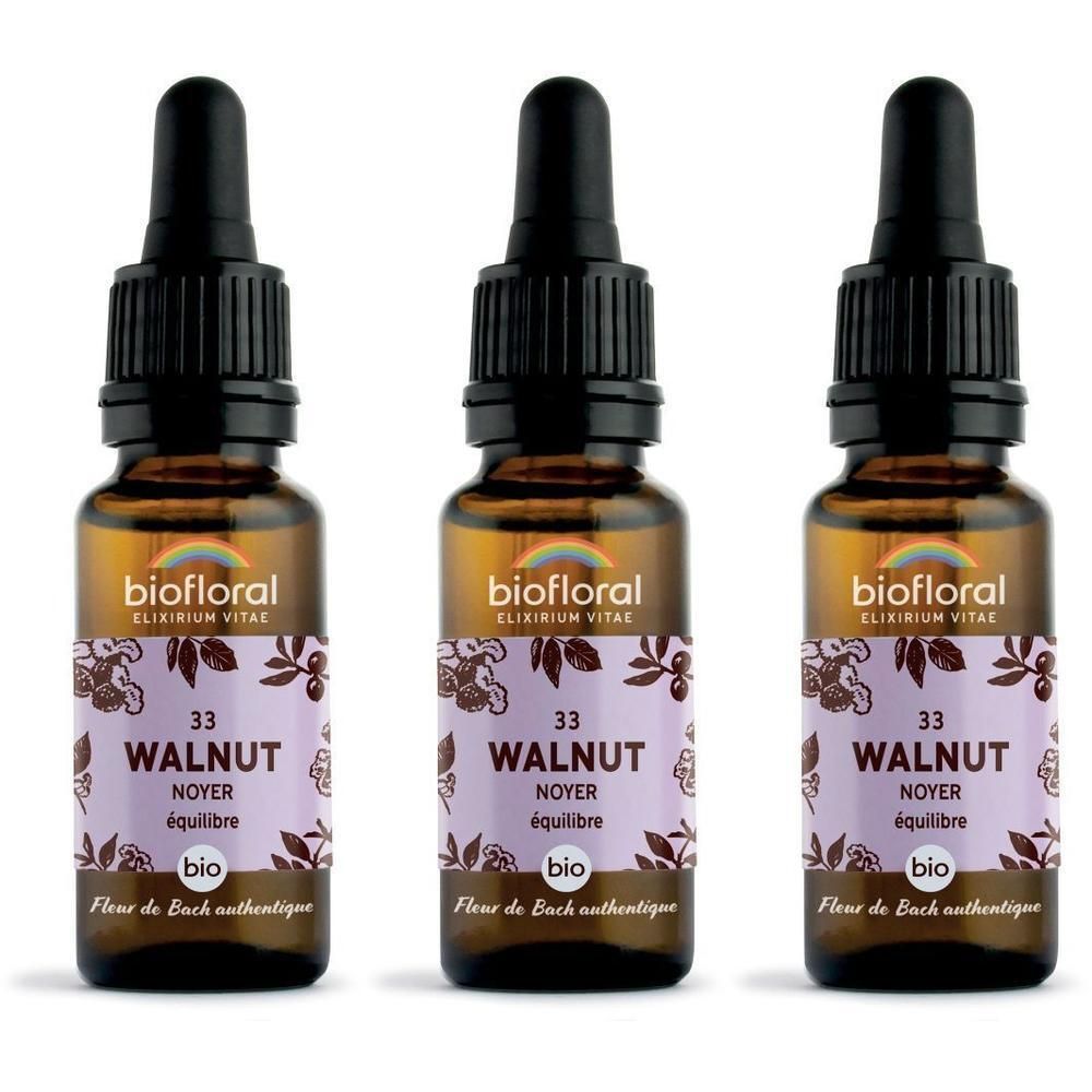 Drie glazen flesjes met druppeldop, gevuld met BIOFLORAL 33 WALNUT.