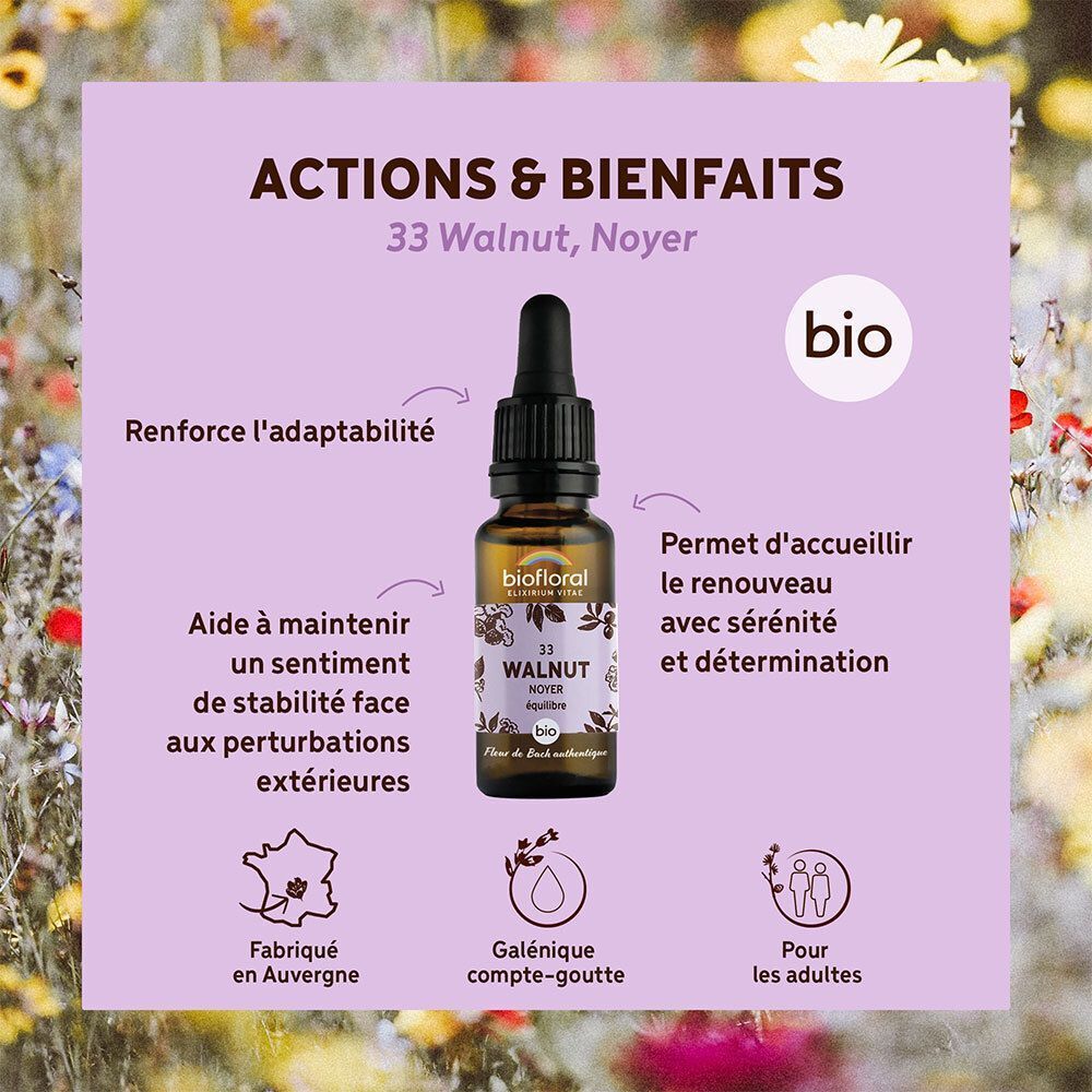Flacon BIOFLORAL 33 WALNUT avec pipette, entouré de texte sur les bienfaits et label bio.