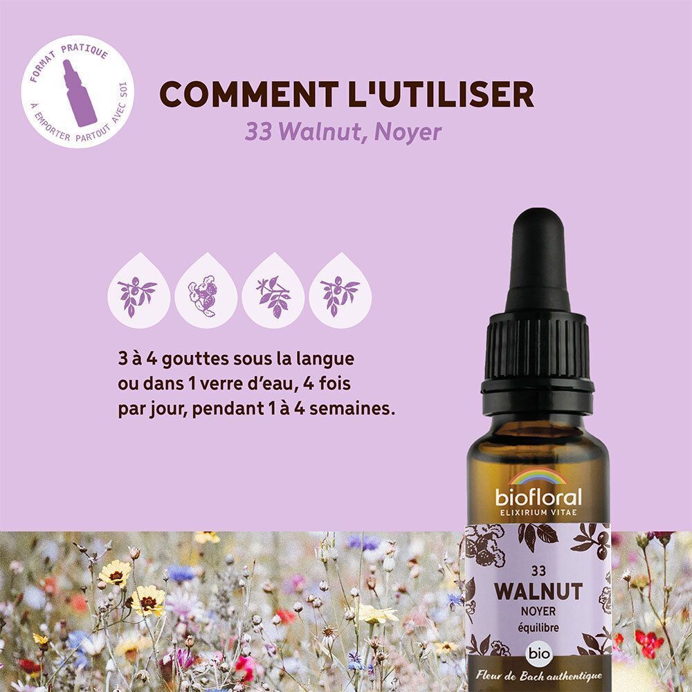 Flacon BIOFLORAL 33 WALNUT avec pipette, avec texte et icônes sur l'utilisation.