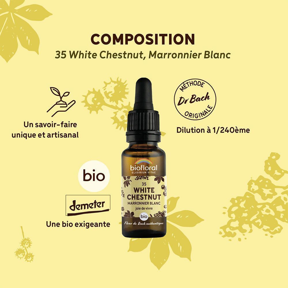 Flacon compte-gouttes de Marronnier Blanc, Biofloral. Avec texte sur composition et labels bio.