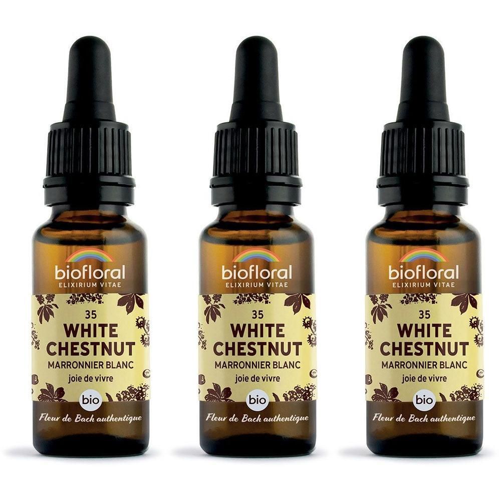 Trois flacons compte-gouttes marron étiquetés BIOFLORAL 35 WHITE CHESTNUT.