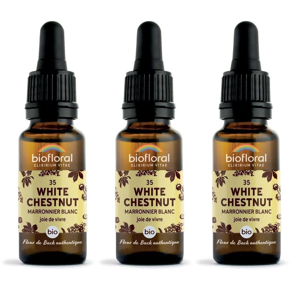 Drie bruine druppelflesjes met etiketten waarop BIOFLORAL 35 WHITE CHESTNUT staat.