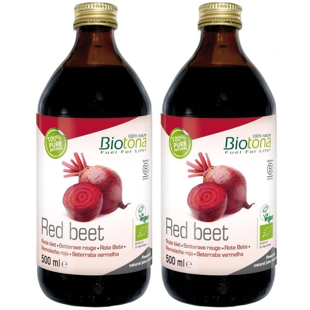 Twee flessen Biotona Rode bietensap, 500 ml.