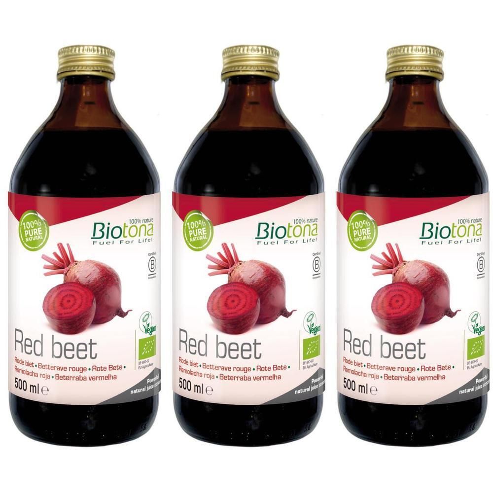 Trois bouteilles de jus de betterave rouge Biotona, 500 ml chacune. Avec label bio.