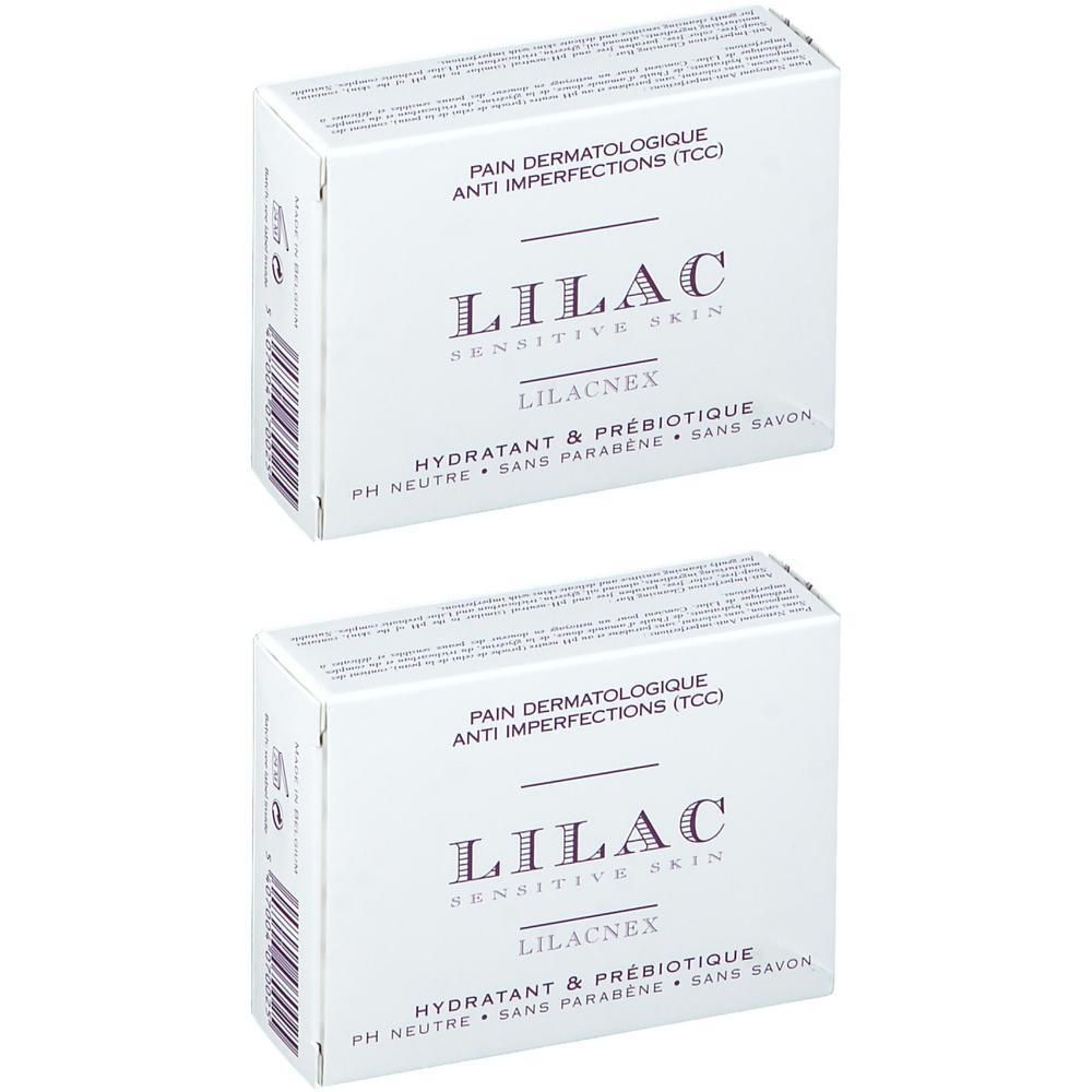Twee pakken Lilac Pain Dermatologique zeep voor acne-gevoelige huid. Hydraterend en prebiotisch.