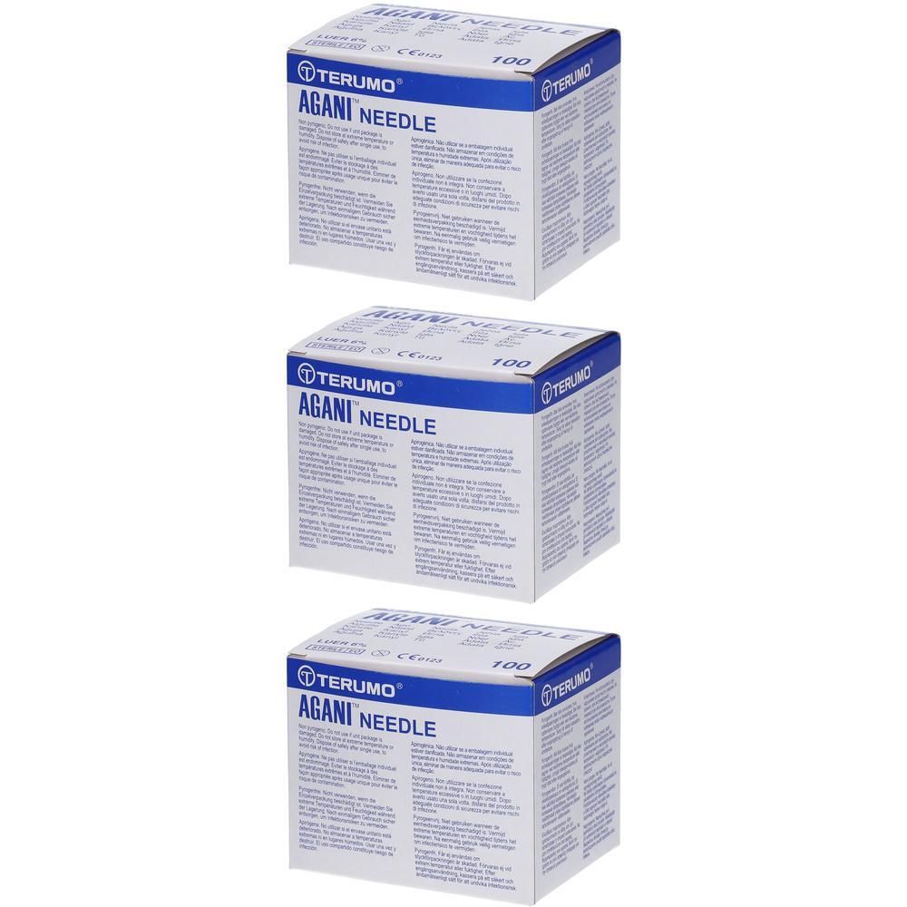 Trois boîtes d'aiguilles Terumo Agani™ 23g Ø 0,6mm - 32mm. Chaque boîte contient 100 aiguilles.