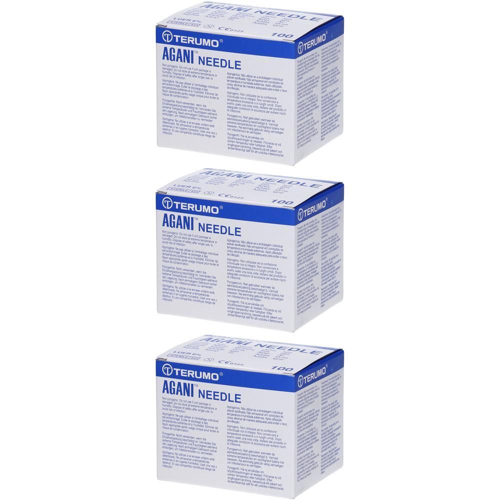Drie dozen Terumo Agani™ naalden, 23g Ø 0,6mm - 25mm. Blauwe en witte verpakking met productinformatie.