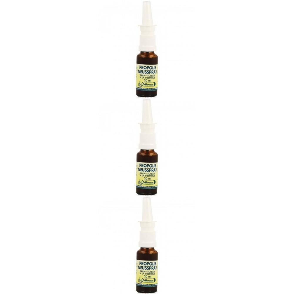 Trois flacons en verre brun avec applicateur nasal blanc. Étiquette 'Propolis Neusspray'.