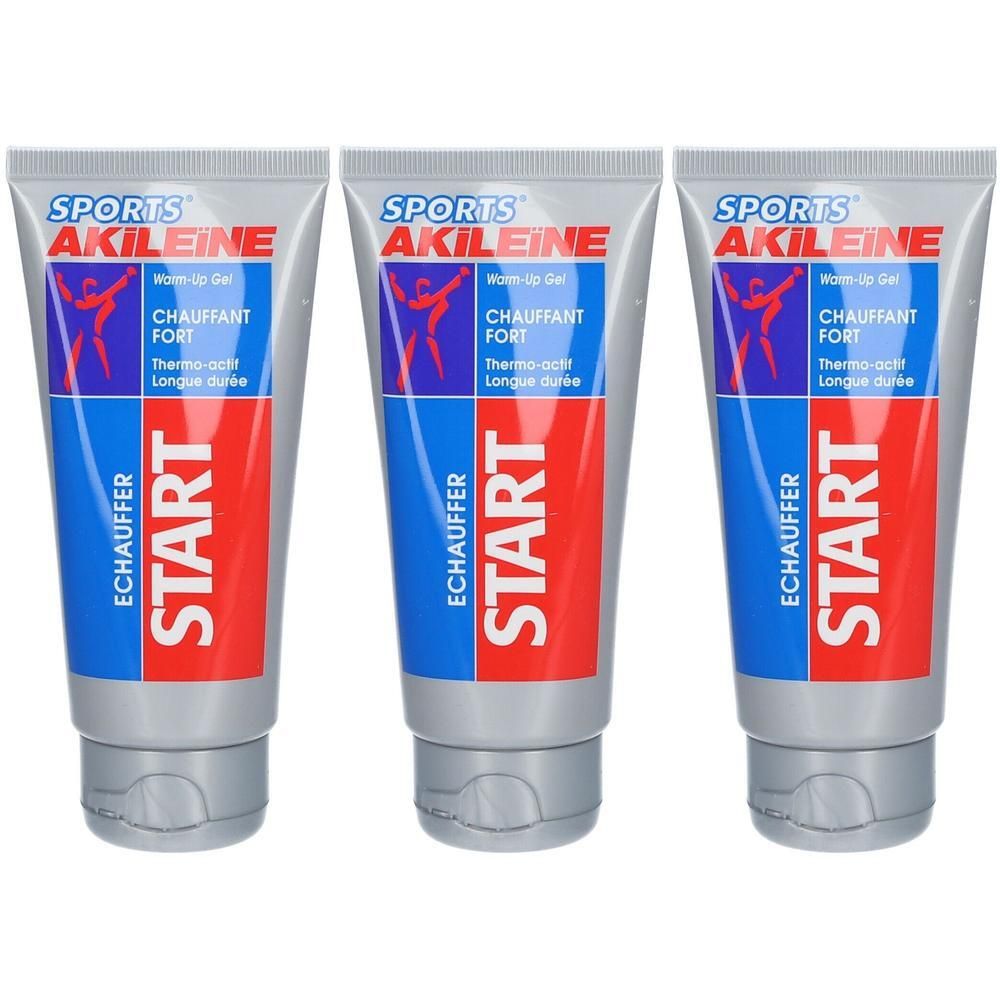 Trois tubes de gel chauffant Akileïne Sports Start avec formule thermo-active.