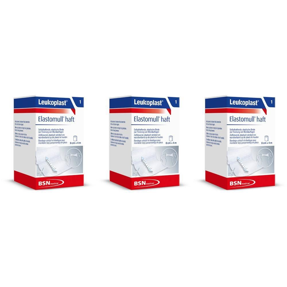 Trois boîtes de Leukoplast Elastomull haft. Emballage bleu, blanc et rouge. Inscription : Elastomull haft, BSN medical. 1 pièce.