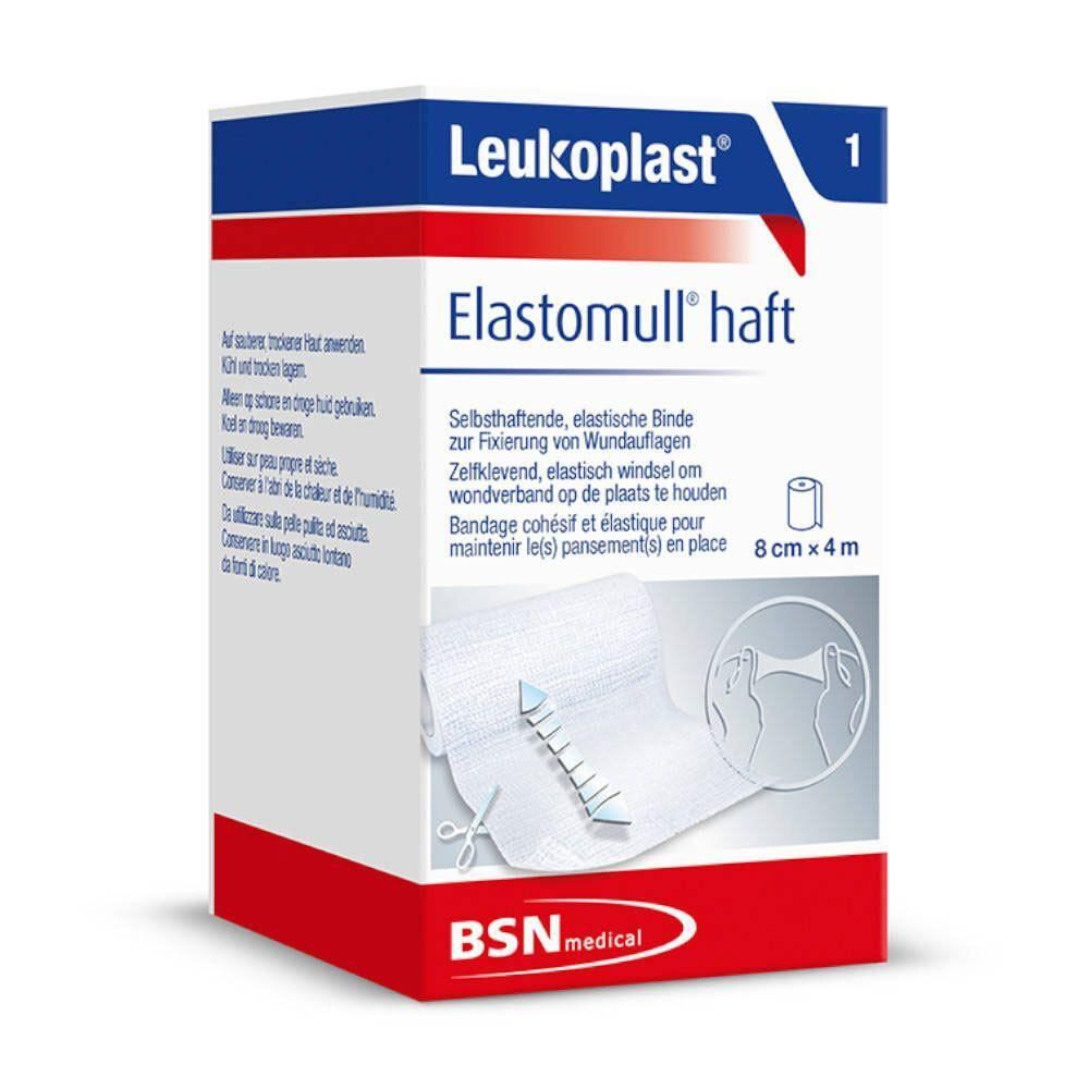 Verpakking van Leukoplast Elastomull haft. Zelfklevend, elastisch windsel. Afmeting: 8 cm x 4 m. Merk: BSN medical. Wit, blauw en rood.