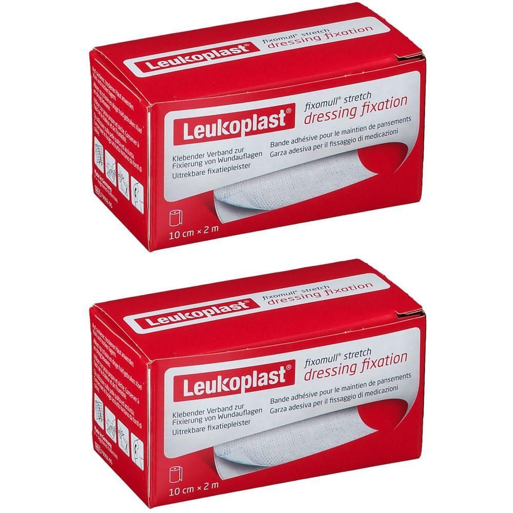 Deux boîtes rouges avec pansement blanc. Inscription: Leukoplast, fixomull stretch dressing fixation, 10 cm x 2 m.