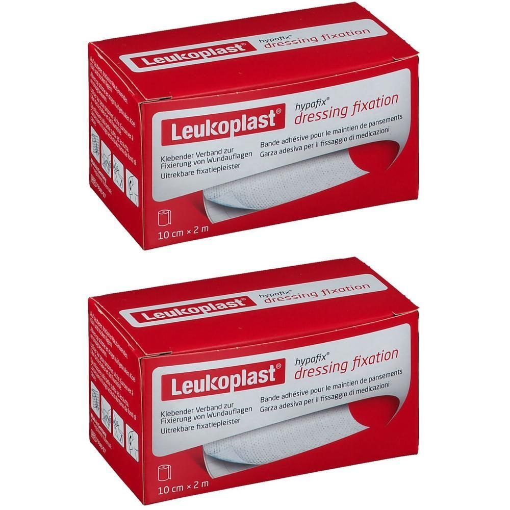 Deux boîtes rouges avec pansement blanc. Inscription : Leukoplast, hypafix dressing fixation, 10 cm x 2 m.