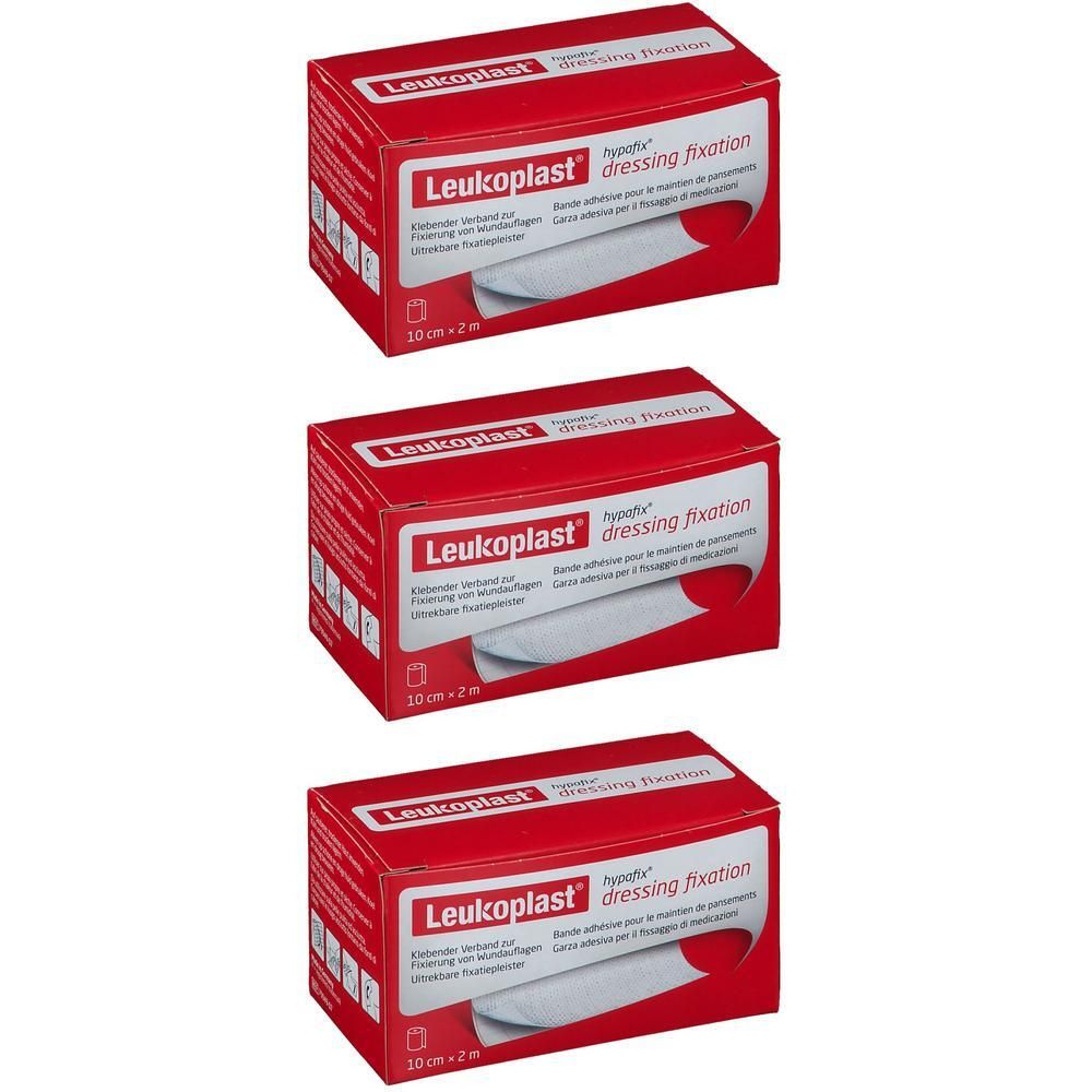 Trois boîtes rouges de Leukoplast Hypafix. Chaque boîte indique "dressing fixation" et les dimensions 10 cm x 2 m.