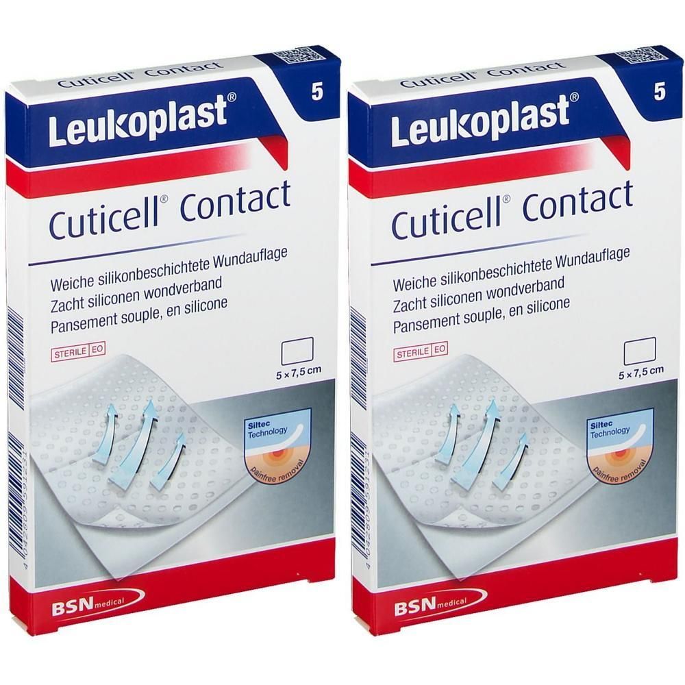 Deux boîtes de Leukoplast Cuticell Contact. Dimensions 5x7,5 cm. Nom et description du produit en allemand, néerlandais et français. Stérile.