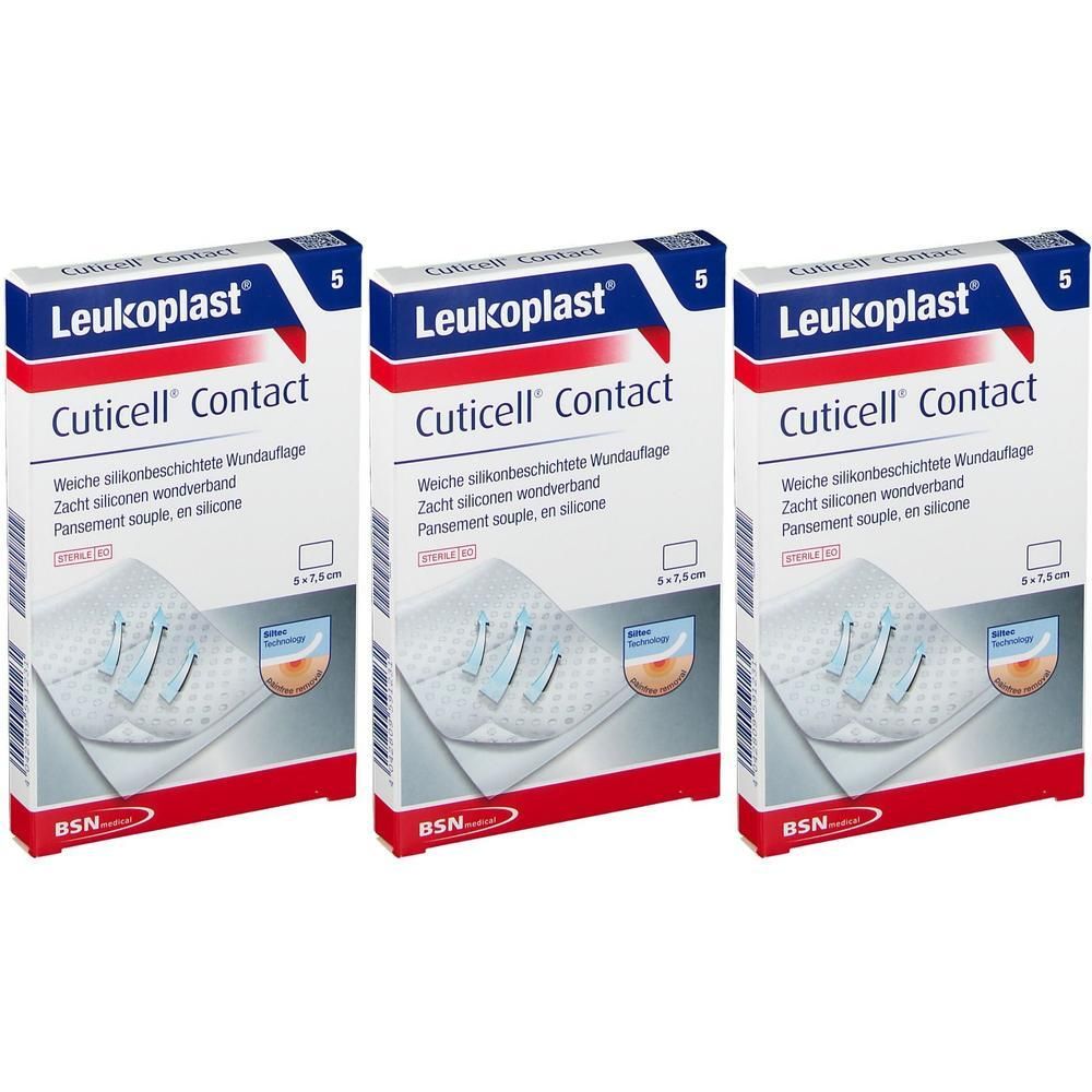 Drie verpakkingen Leukoplast Cuticell Contact. Witte verpakking met rode en blauwe tekst. Toont productnaam en kenmerken.