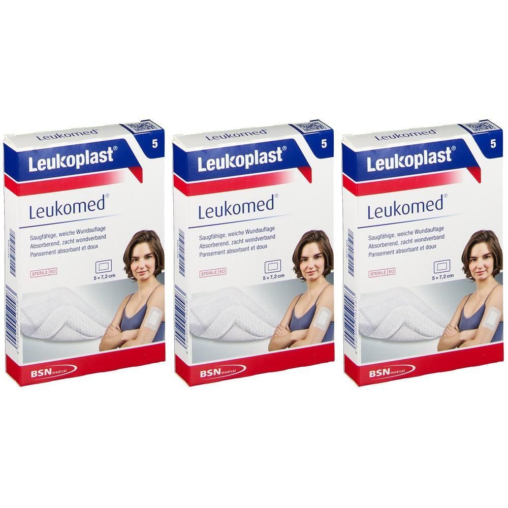 Trois boîtes de Leukoplast Leukomed. Chaque boîte montre un pansement sur une femme. Inscriptions : Leukomed, 7,2x5cm, BSN.