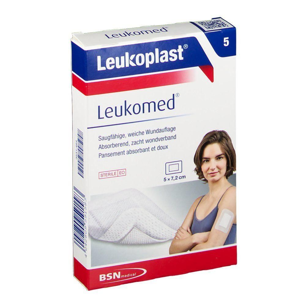 Emballage de Leukoplast Leukomed. Une femme avec un pansement sur le bras est représentée. Dimensions : 5x7,2cm. Marque BSN medical.