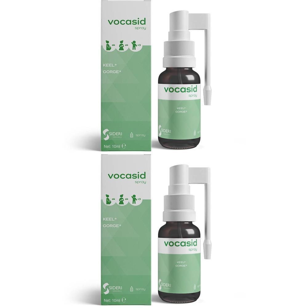 Deux flacons de spray Vocasid avec embout pulvérisateur et boîte.