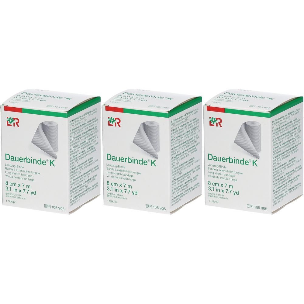 Drie verpakkingen Dauerbinde K, 8 cm x 7 m, elastisch verband.