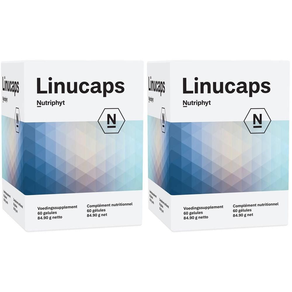 Twee verpakkingen Nutriphyt Linucaps, elk met 60 capsules.