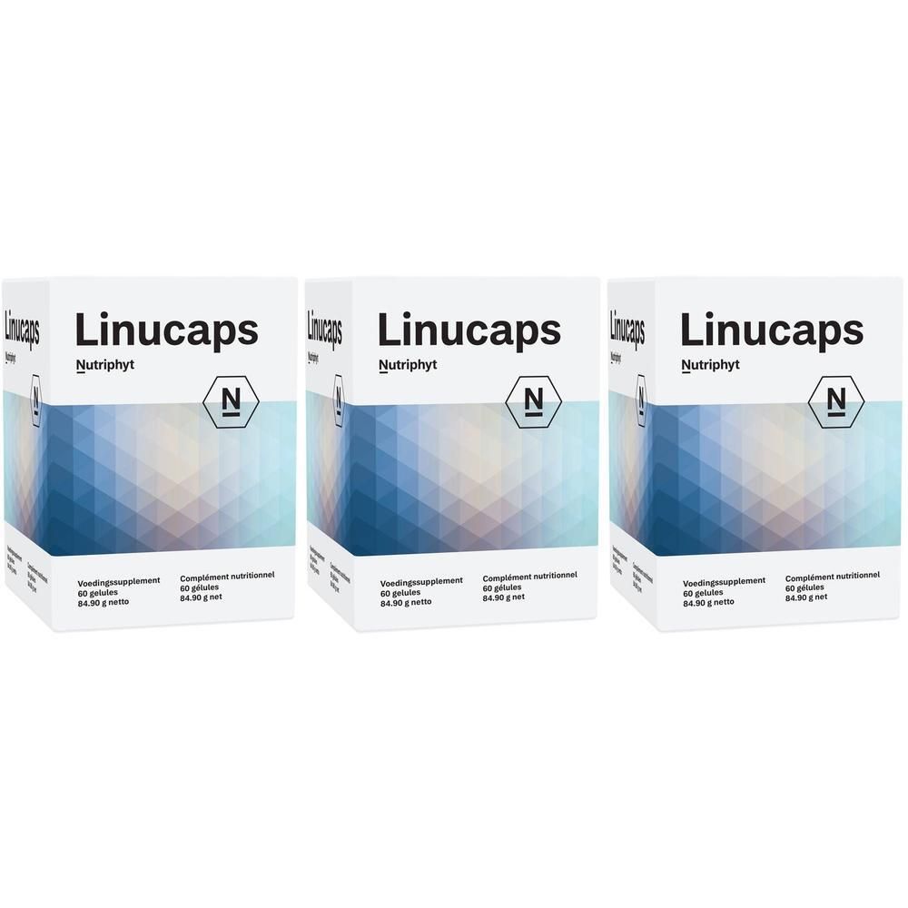 Drie verpakkingen Nutriphyt Linucaps met geometrisch patroon op de voorkant.