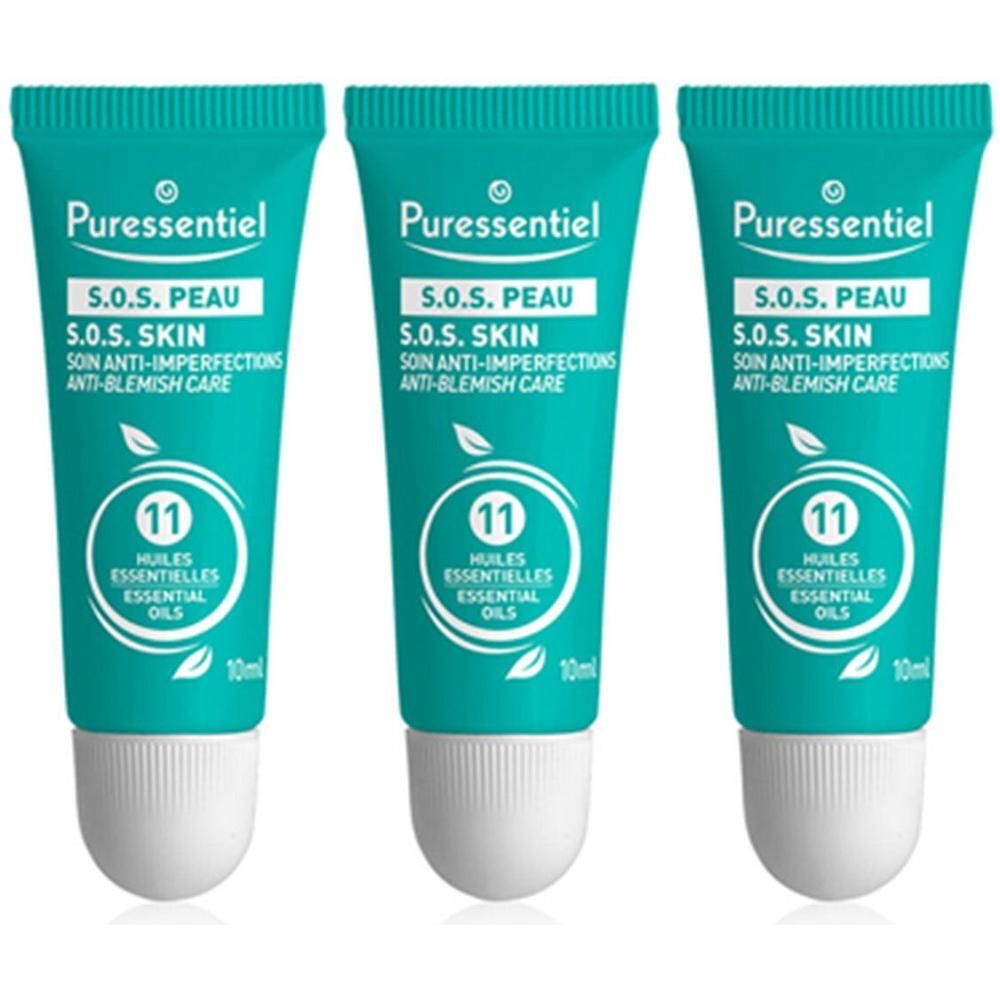 Drie Puressentiel S.O.S. Huid tubes met 11 essentiële oliën voor anti-onzuiverheden zorg.