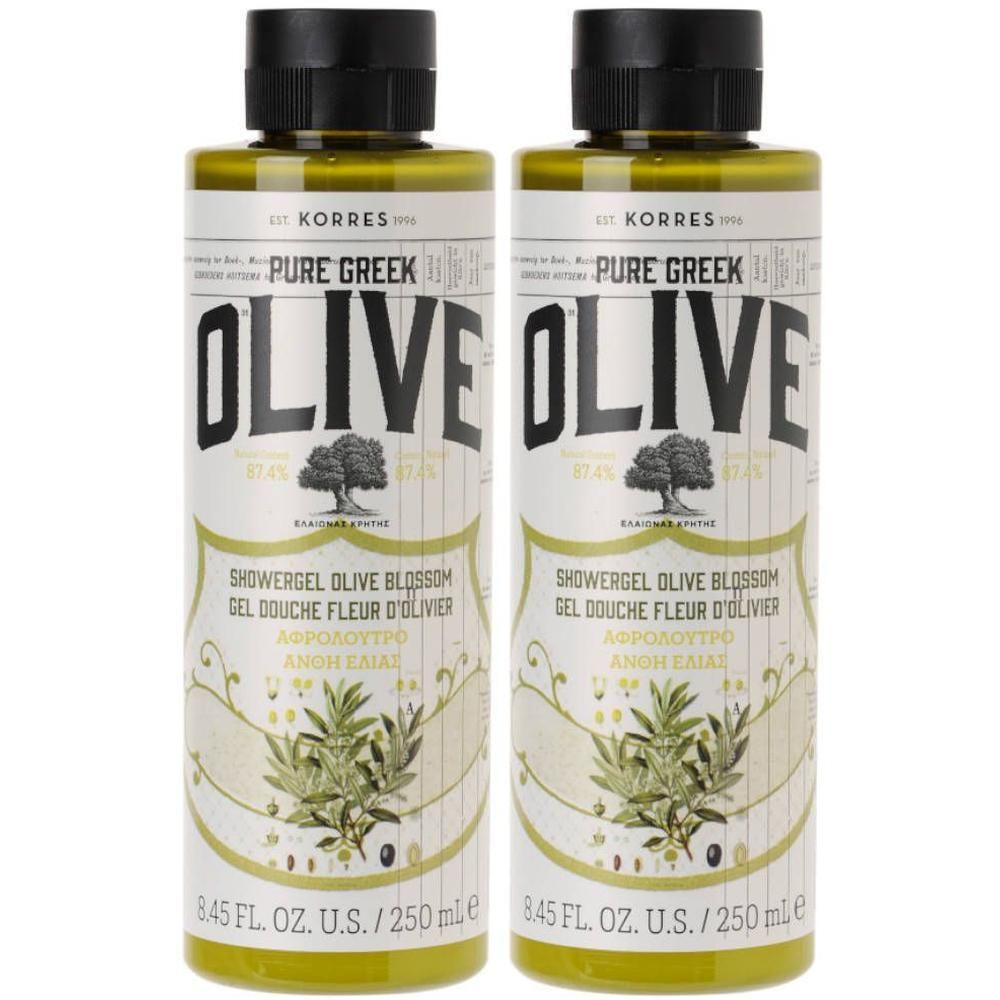 Deux bouteilles de gel douche Korres Fleur d'Olivier, chacune de 250 ml.