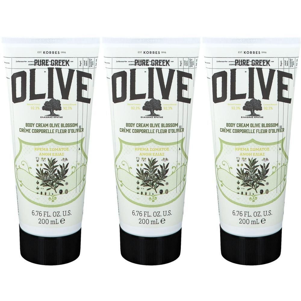 Trois tubes de Lait Corps Pur Olivier Korres Fleur d'Olivier, 200 ml chacun.