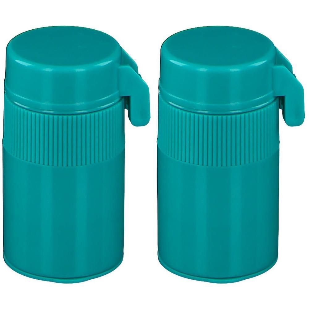 Deux piluliers turquoise avec bouchon à vis et poignée.