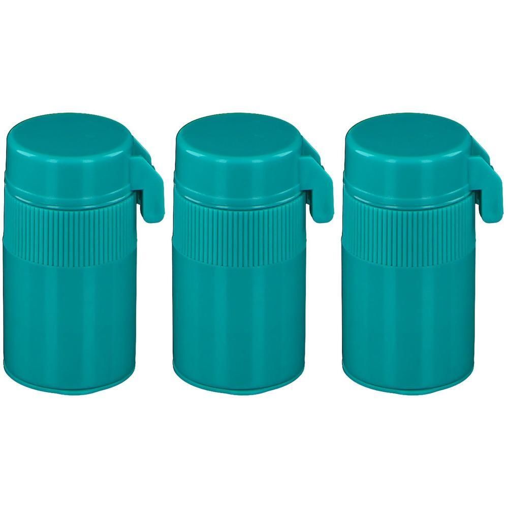 Drie turquoise pillendoosjes met schroefdop en klapdeksel.