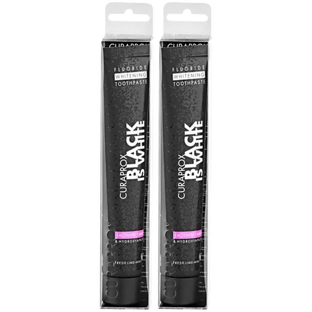 Twee tubes Curaprox Black Is White tandpasta met hanger.