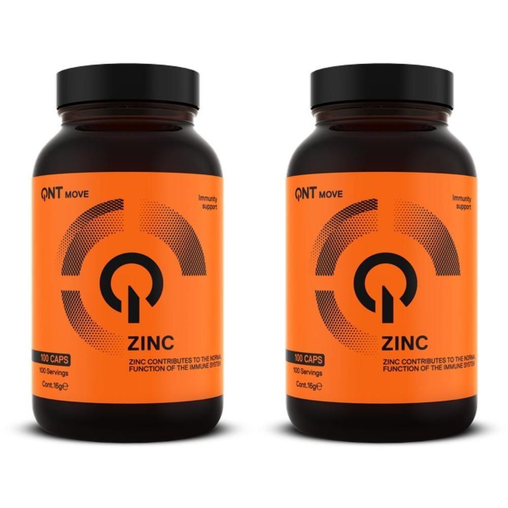 Deux flacons de gélules de zinc QNT avec étiquette orange et bouchon noir.