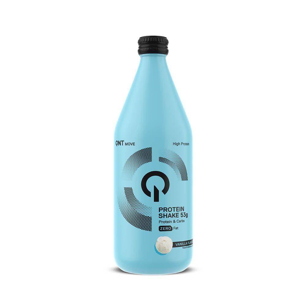 Lichtblauwe fles met QNT Protein Shake, 53g eiwit, vanillesmaak.
