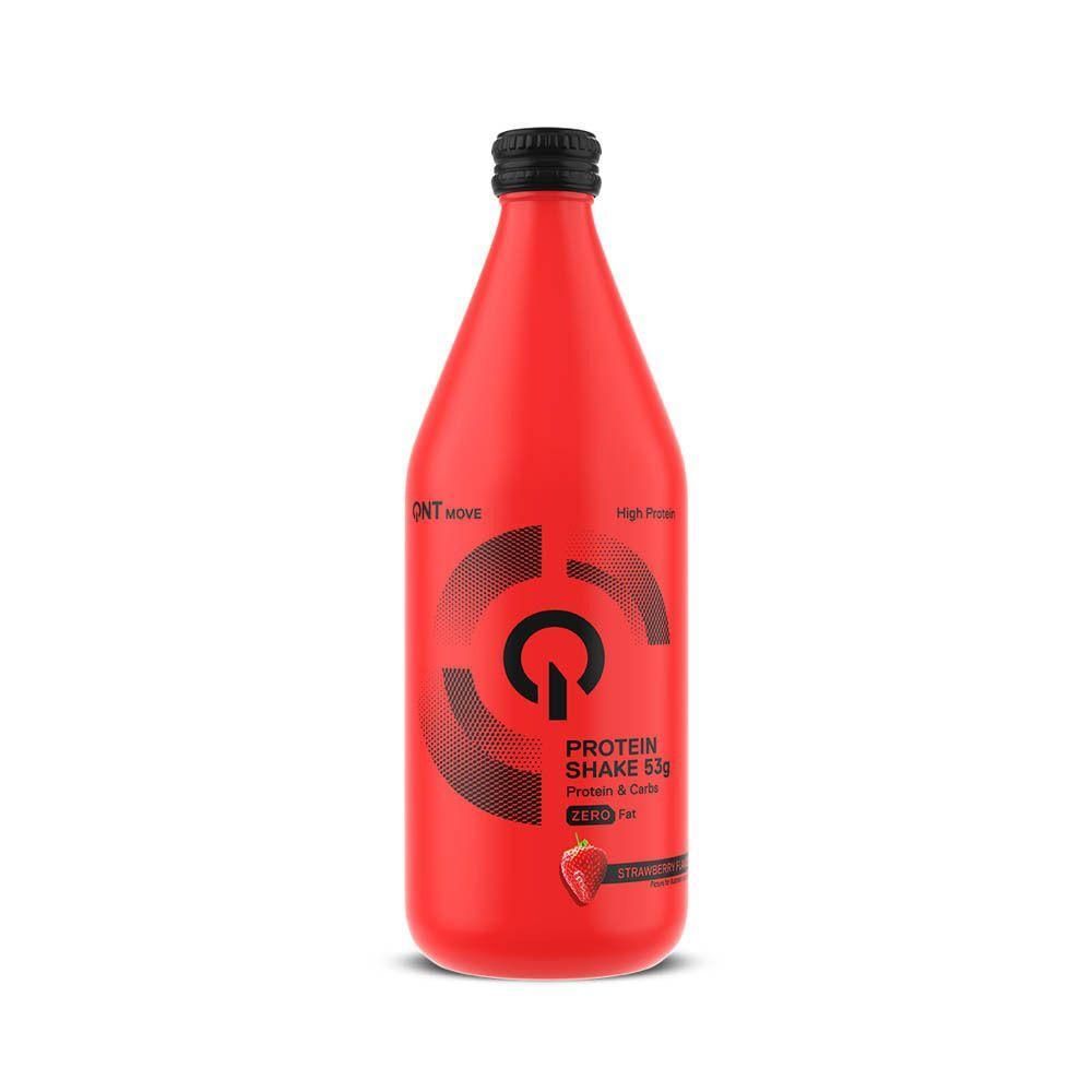 Bouteille rouge de QNT Protein Shake 53g, saveur fraise.