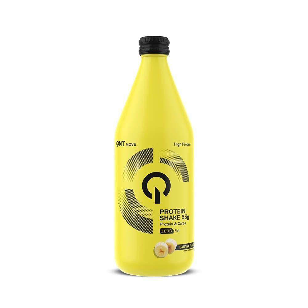 Bouteille en verre jaune avec QNT Protein Shake, 53g de protéines, saveur banane.