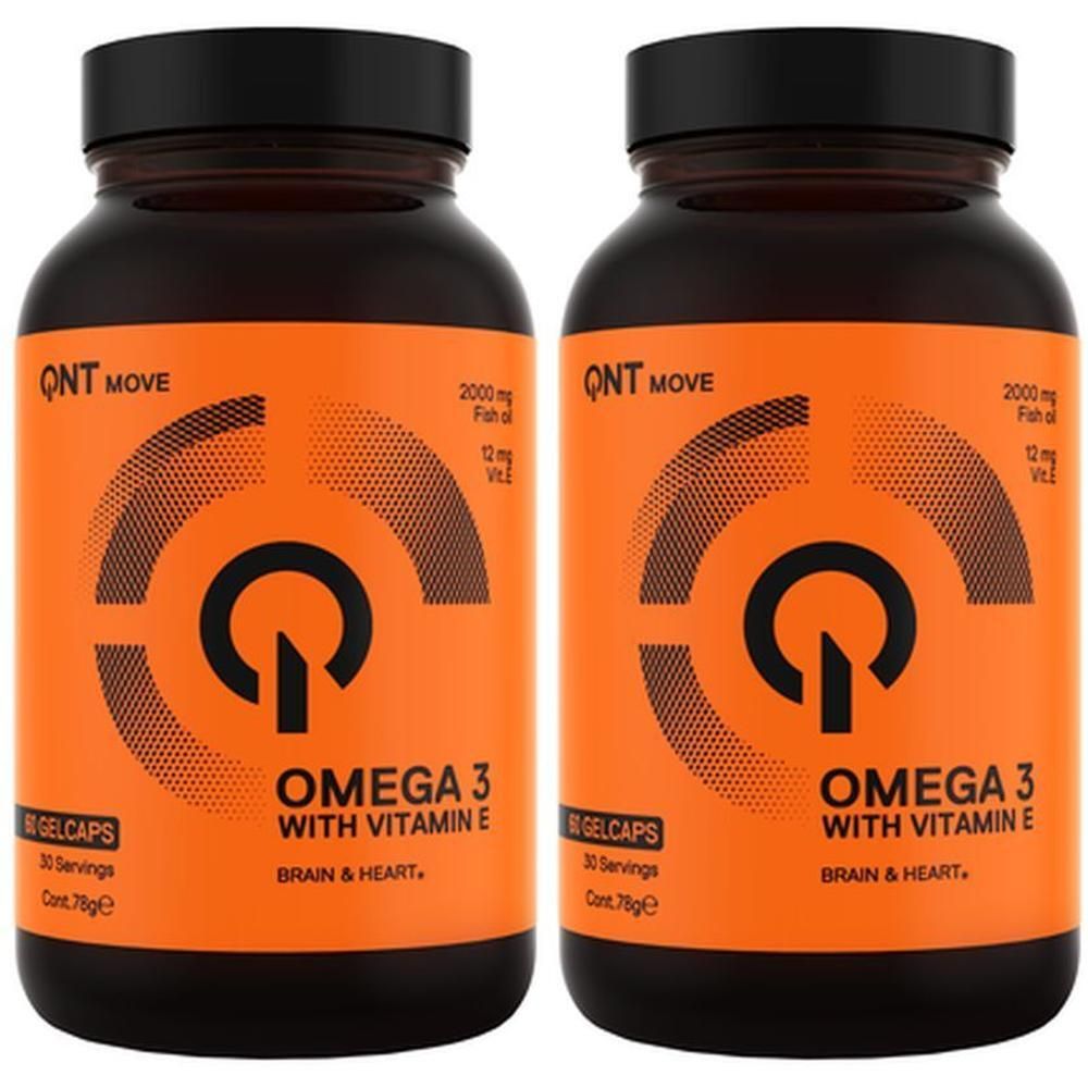 Twee flessen QNT Omega 3 met Vitamine E, 30 gelcapsules per fles.