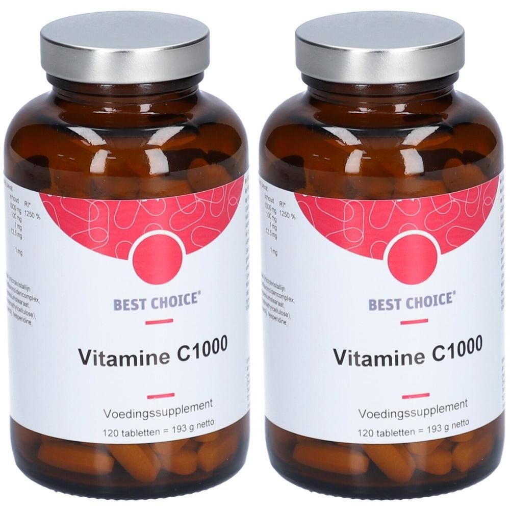 Deux bouteilles de Best Choice Vitamine C1000, supplément alimentaire, 120 comprimés chacune.