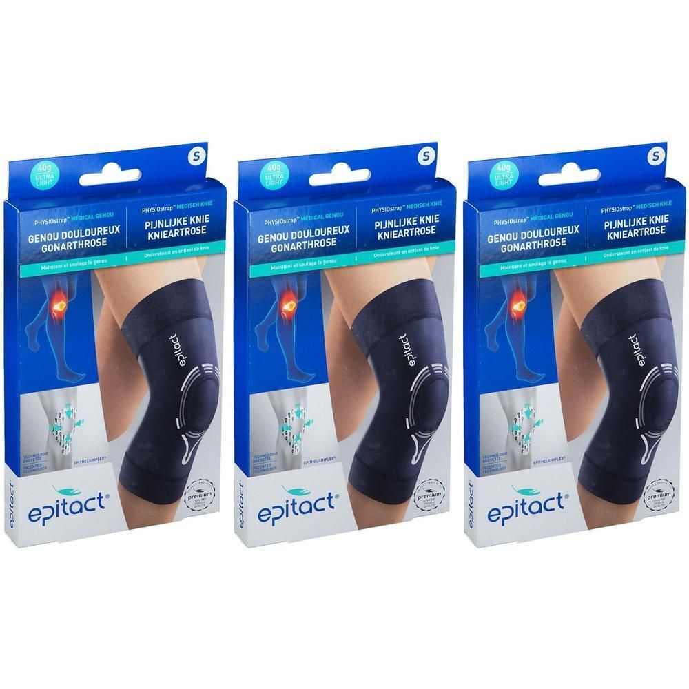 Drie Epitact Physiostrap kniebraces maat S, verpakt in individuele dozen met productafbeeldingen.