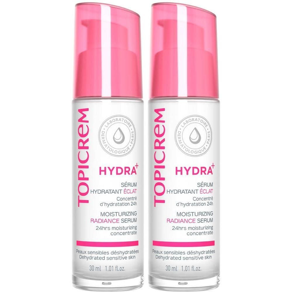 Deux flacons de sérum hydratant Topicrem Hydra+ avec pompes. Design blanc et rose.