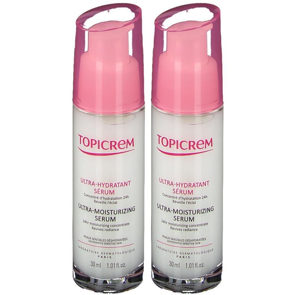 Twee flacons Topicrem ultra-hydraterend serum met pompdoseringen.