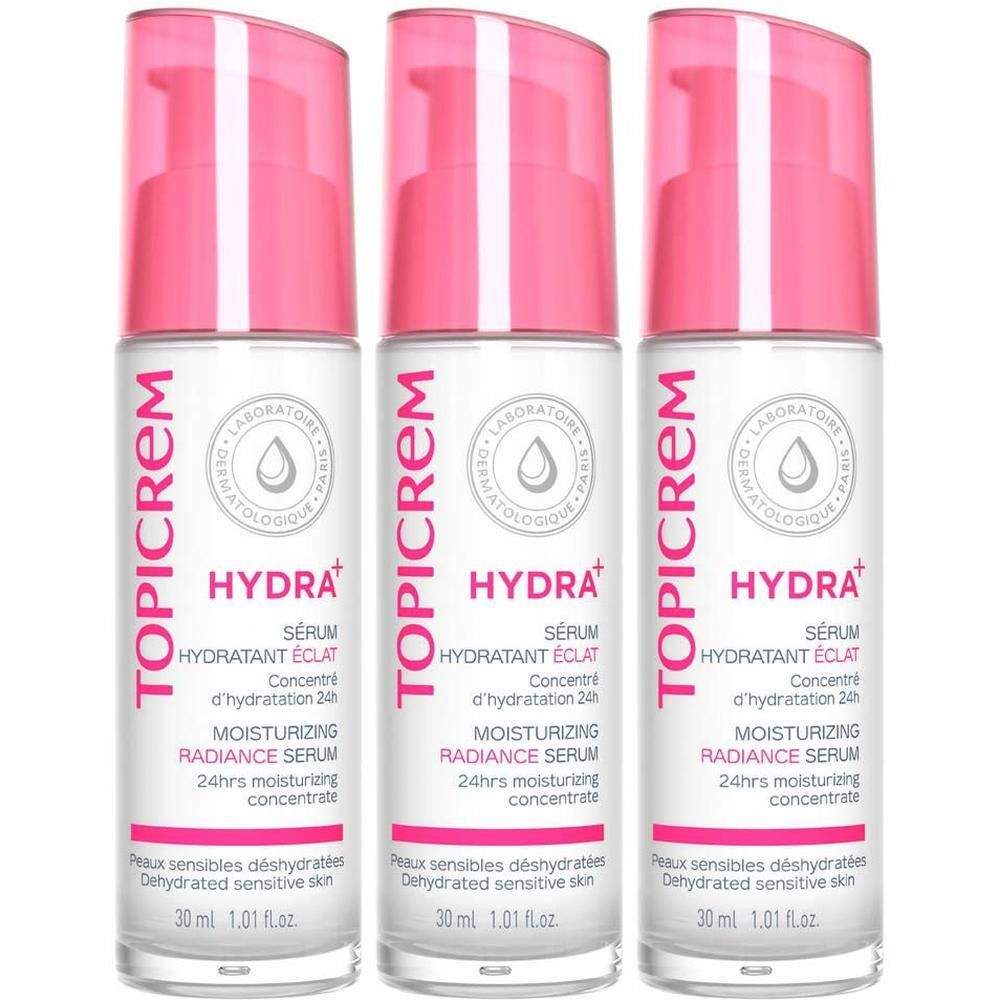Drie Topicrem Hydra+ hydraterende serum flacons met pompdoseringen.