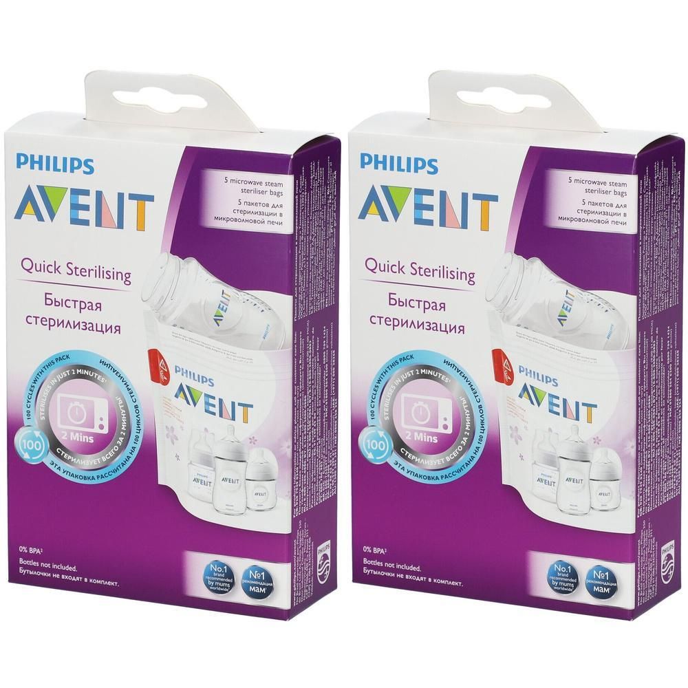Deux paquets de sachets de stérilisation micro-ondes Philips Avent pour une stérilisation rapide à la vapeur.