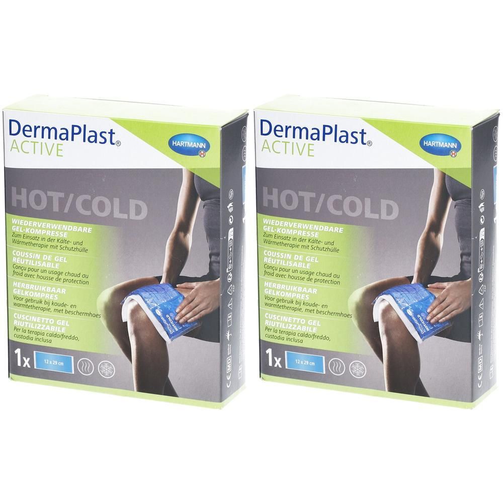 Twee Hartmann DermaPlast Active Hot & Cold Packs, individueel verpakt.