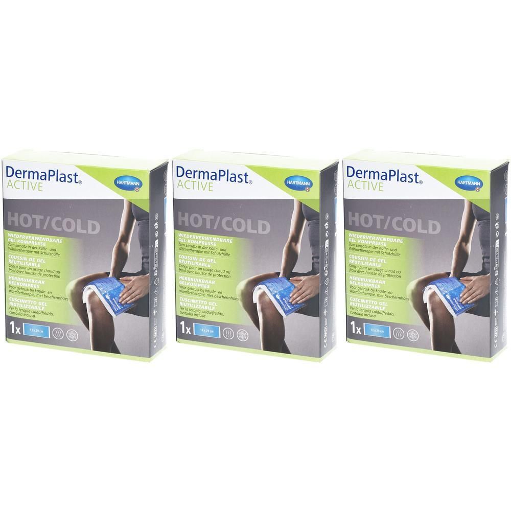 Trois emballages Hartmann DermaPlast Active Hot/Cold Pack côte à côte. Montre une personne avec une poche de glace sur le genou.