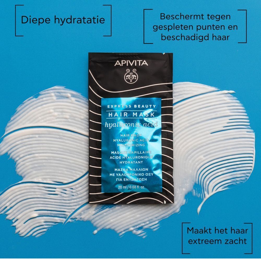 Apivita Express Beauty Haarmasker met hyaluronzuur, 20ml, op blauwe achtergrond.